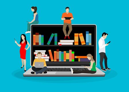E-learning concept illustration of young people using laptop and tablet pc for distance studying and...