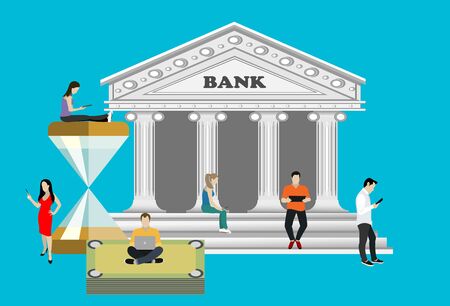 Mobile banking concept illustration of people using laptop and mobile smart phone for online banking and accounting. Flat men and women near big gadgets with credit cards and bank symbolsのイラスト素材