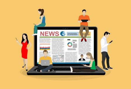 Online breaking news concept vector illustration. Young men and women are standing near big laptop and using their own smartphones for reading news. Flat concept illustrationのイラスト素材