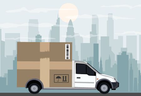 Delivery truck transporting a big cardboard package. Flat styleのイラスト素材
