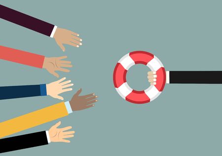 Helping Business to survive. Drowning businessmans getting lifebuoy from another businessman. Business help, support, survival, investment concept. illustration in flat styleのイラスト素材