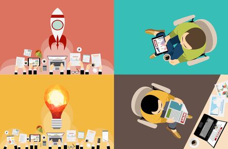 Set of flat design illustration concepts for business, finance, consulting, management, human resources, social network, employment agency, staff training, money, technology, navigation.のイラスト素材