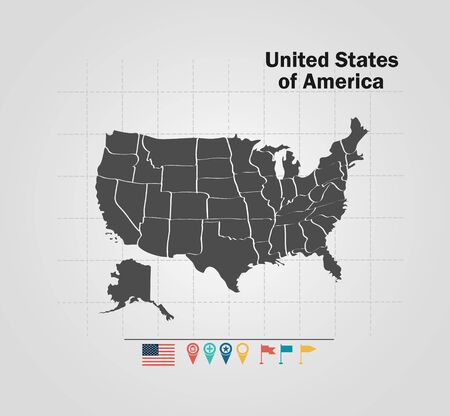 Detailed vector map of United States of America. Name country, flag and pointer. Flat vector illustration.のイラスト素材