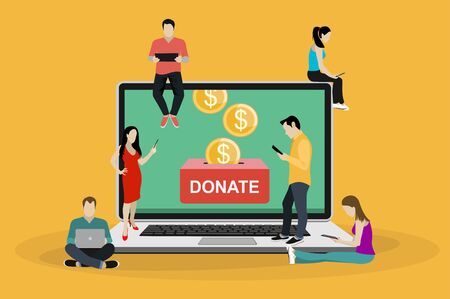 Donate online concept. Laptop with dollar money and donate box on screen. Young people using mobile gadgets such as smartphone, tablet pc and laptop to be donate money. Flat vector illustration.のイラスト素材