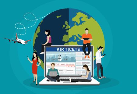 Booking air tickets online concept design.Flat illustration of young men and women standing near big laptop and using their own smartphone for ordering air tickets cab via mobile app and paying onlineのイラスト素材
