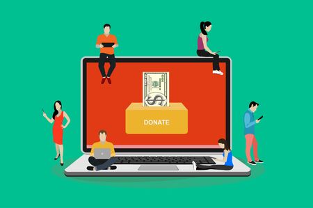 Donate online concept. Laptop with dollar money and donate box on screen. Young people using mobile gadgets such as smartphone, tablet pc and laptop to be donate money. Flat vector illustration.のイラスト素材