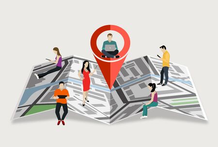 Vector map with Pin Pointer. Young people using mobile gadgets such as smartphone, tablet pc and laptop to be use the navigation application. Flat vector illustration.のイラスト素材