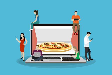 Ordering pizza online concept design. Flat illustration of young men and women standing near big laptop and using their own smartphones for ordering junk food via mobile app and paying online.のイラスト素材