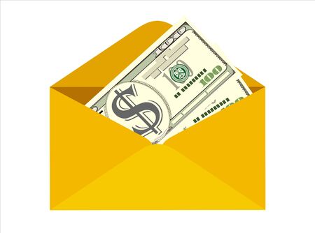 Dollar cash in envelope. Prize, money payroll, income. Send money. Hidden wages, salaries black payments, tax evasion. Vector illustration in flat styleのイラスト素材