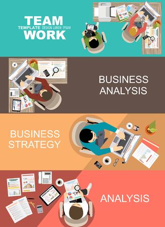 Set of flat design illustration concepts for business, finance, team work, consulting, management, analysis, career, employment agency, staff training, money, technology, startup, creative.のイラスト素材