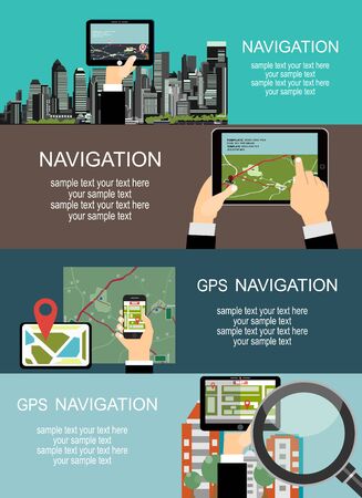 Set of Gps Navigation. Flat style design of web banner template for website or infographics, mobile navigation GPS system.のイラスト素材