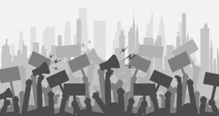 Silhouette crowd of people protesters. . Protest, revolution, conflict. Flat vector illustration.のイラスト素材