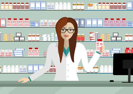 Pharmacist showing some medicine. Pharmaciy Young woman at the workplace in a pharmacy: standing in front of shelves with medicines.のイラスト素材