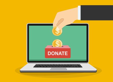 Man hand putting money in donation box a laptop screen. Concept. vector illustration in flat style.のイラスト素材