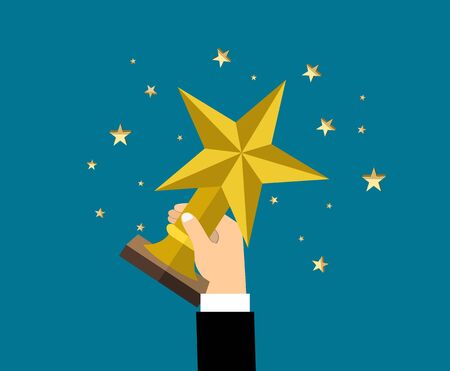 Businessman holding star trophy cup. Vector illustration in flat styleのイラスト素材