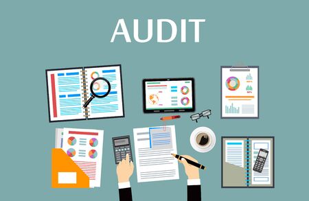 Auditing concepts. Auditor at table during examination of financial report. Tax process. Research, project management, planning, accounting, analysis, data. Vector illustration flat design.のイラスト素材