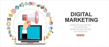 Hand holding megaphone coming out from laptop, digital marketing vector concept. Vector flat design illustration.のイラスト素材