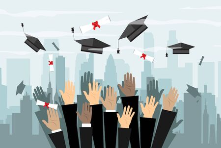 Hands of graduates throwing graduation hats in the air. Concept of education. College or university ceremony. Cityscape. illustration in flat styleのイラスト素材