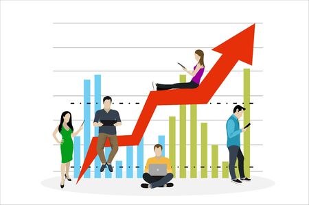 Business graph growth concept vector illustration of professional people working as team and sitting on growing chart. Flat people using laptops to develop business. White businのイラスト素材