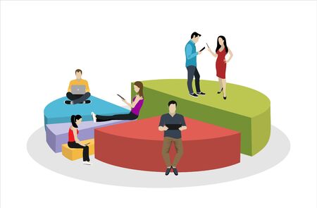 Business graph growth concept vector illustration of professional people working as team and sitting on growing chart. Flat people using laptops to develop business. White businのイラスト素材
