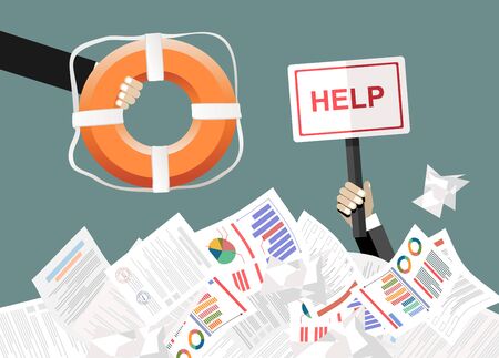 Helping Business to survive. Drowning businessmans getting lifebuoy. Business help, support, survival, investment concept. illustration in flat styleのイラスト素材