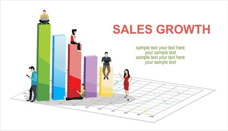 Business graph growth concept vector illustration of professional people working as team and sitting on growing chart. Flat people using laptops to develop business. White business backgroundのイラスト素材