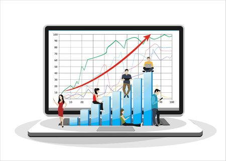 Business graph growth concept vector illustration of professional people working as team and sitting on growing chart. Flat people using laptops to develop business. Flat guys, women on big notebookのイラスト素材