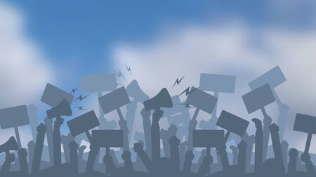 Silhouette crowd of people protesters. . Protest, revolution, conflict. Flat vector illustration.のイラスト素材