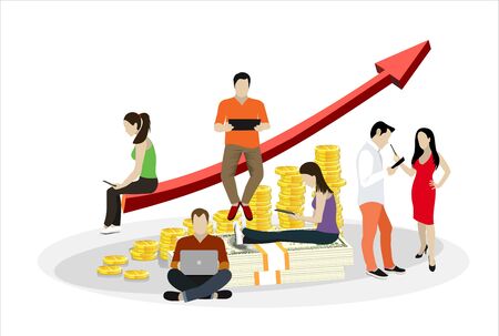Dollar concept vector illustration of young people using laptop and smartphone for online funding and making investments for dollar. Flat design.のイラスト素材