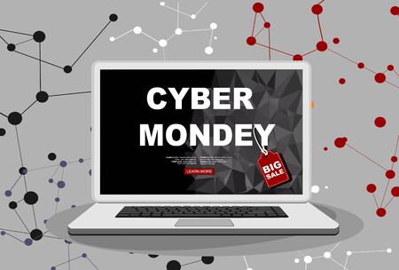 Cyber Monday Super Sale Template Poster With copy space and sticker discounts On Laptop Monitor Holiday Special Offer Poster Concept Flat Vector Illustrationのイラスト素材