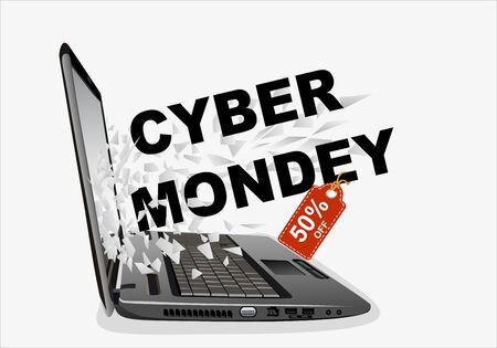 Cyber Monday Super Sale Template Poster With copy space and sticker discountsr flying out of a broken laptop computer screenのイラスト素材