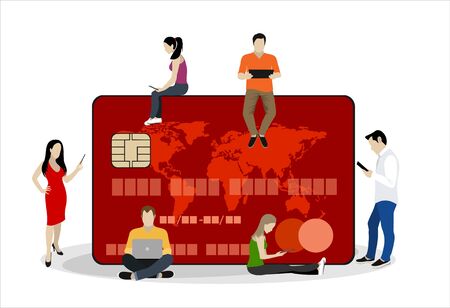 Mobile banking concept illustration of people standing near credit cards and using mobile smart phone for online banking and accounting. Flat men and women with credit cardsのイラスト素材
