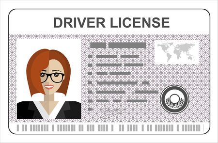 Car driver license identification card with photo. Driver license vehicle identity document. Stamp, barcode, plastic id card. Vector illustration in flat styleのイラスト素材