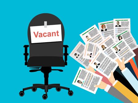 Human hands holds resume, CV form isolated on background. Office chair with vacancy sign. Business hiring and recruitment, job competition concept. Human resources management. Vector flat illustrationのイラスト素材