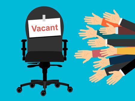 Human hands holds resume, CV form isolated on background. Office chair with vacancy sign. Business hiring and recruitment, job competition concept. Human resources management. Vector flat illustrationのイラスト素材