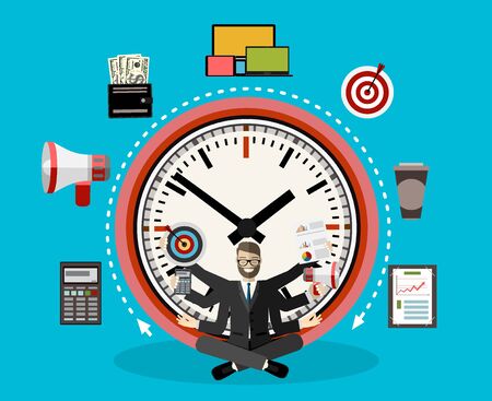 Time management six hands man. Idea of strategy, planning and doing.のイラスト素材