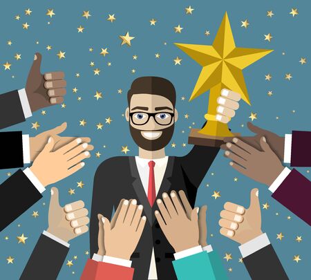 Businessman holding star trophy cup. Human hands clapping. Applaud hands and hold thumbs up. Vector illustration in flat styleのイラスト素材
