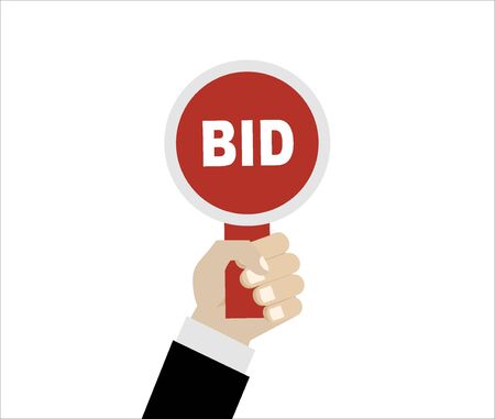 Hand holds paddle with BID inscriptions. Auction competition. Business bidding process. Buying things by offering price, trade. Vector illustration. Flat style designのイラスト素材