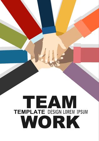 Young people putting their hands together. Friends with stack of hands showing unity and teamwork, top view. Vector flat illustration.のイラスト素材