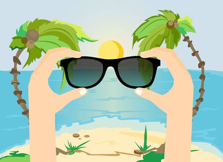 Hello summer illustration. Palms in sunglasses. Blue sky. Flecks of sunlight.のイラスト素材