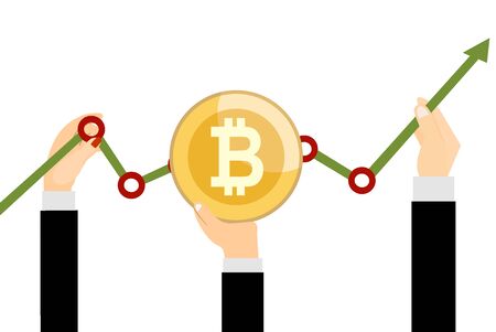 Bitcoin golden symbol concept vector illustration of huge growth on cryptocurrency markets. Flat human hands hold gold coin and other hold arrow going upのイラスト素材