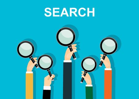 hands holding a magnifying glass. Concept of searching, detecting and analyzing. vector illustration in flat design on blue backgroundのイラスト素材