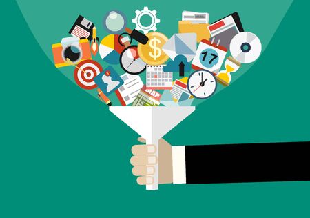 Hand holding funnel, big data filter, data tunnel, analysis vector conceptのイラスト素材