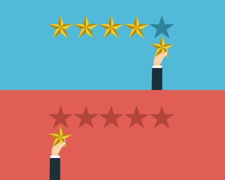 Hand of customer placing rating stars, vector concept