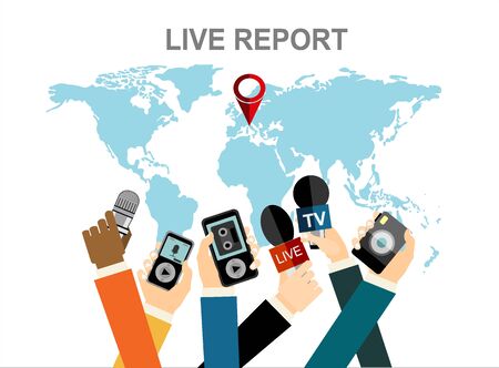 Journalism concept vector illustration in flat style .Vector live report concept, live news, hands of journalists with microphones, camera and tape recordersのイラスト素材
