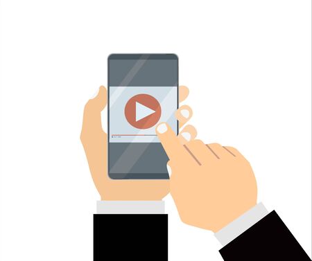Video player on smartphone in the hands of a man. Vector illustrationのイラスト素材