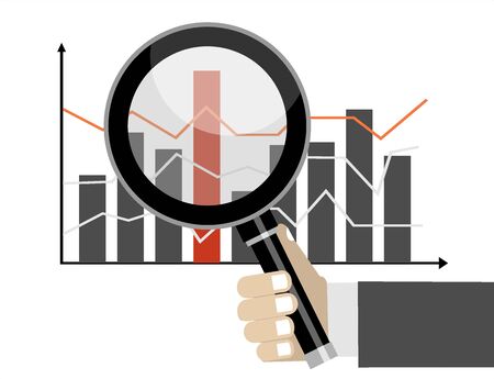 Business and stock market analysis concept. Hand holding magnifying glass over a chartのイラスト素材