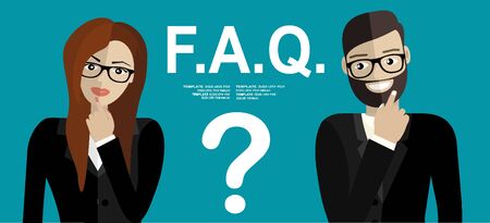 Young man and woman standing near question symbol and they needs to ask help or advice via live chat, help desk or faq. Flat concept vector illustrationのイラスト素材