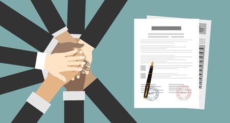 People showing unity with their hands together. Crossed hands and agreement paper. Business team...