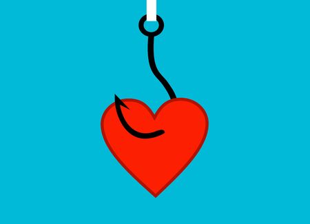 On fishing hook hanging heart. Deception, a trap on the hook. Flat design style, vector...